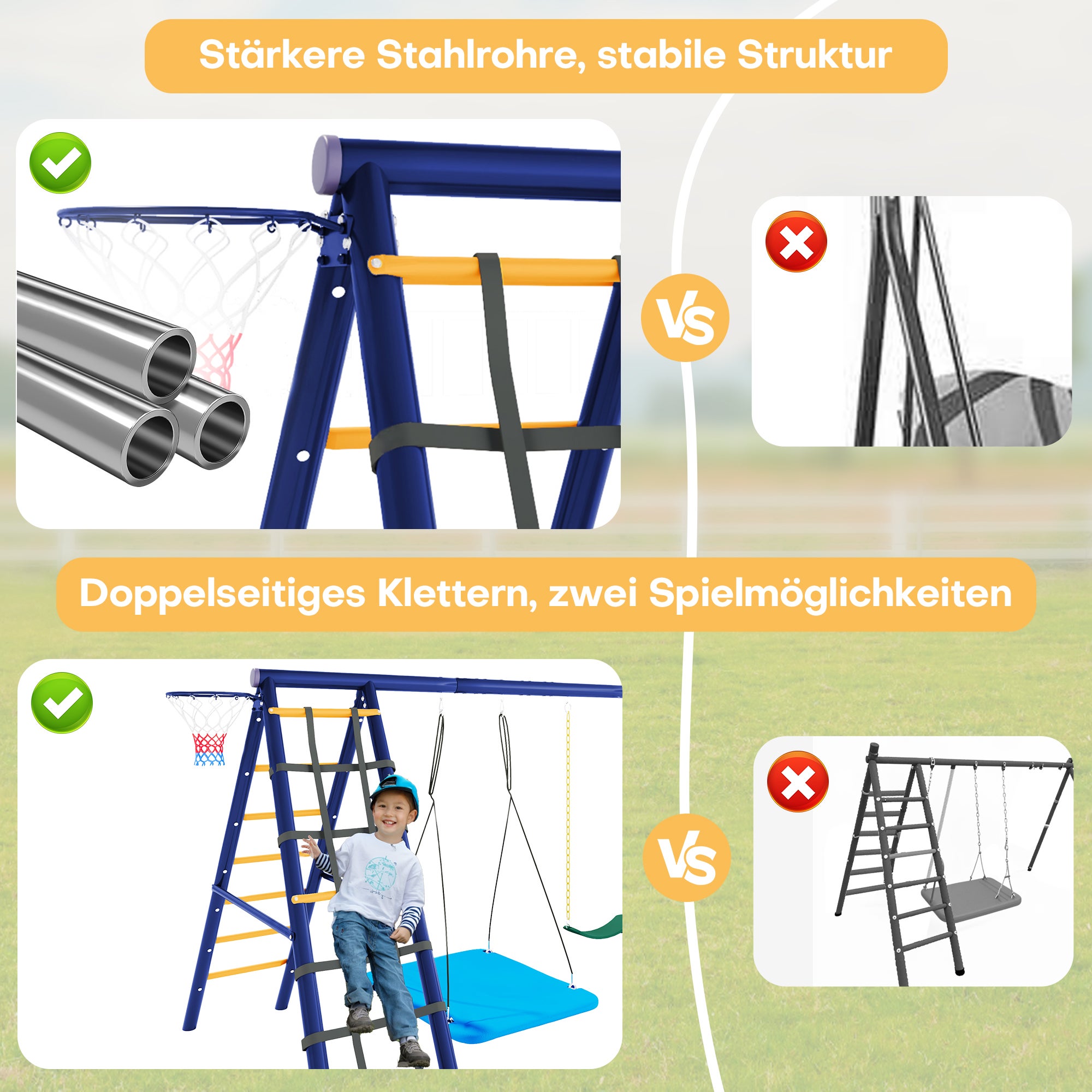 Aire de jeux Portique en acier avec 3 balançoires + portique + panier de basket - 10 x 174 x 203 cm - Bleu antique - 9