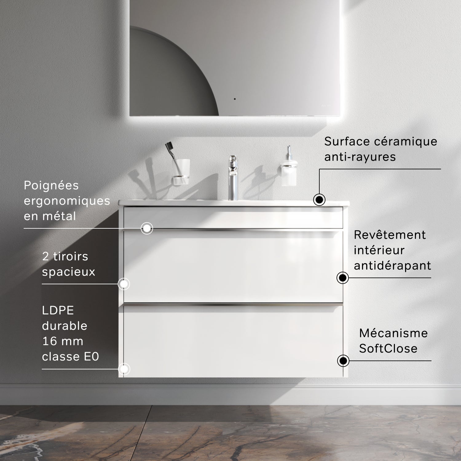 Meuble salle de bains avec Vasque en Céramique Meuble simple vasque suspendu 80 cm avec lavabo intégré, 2 tiroirs, design, Blanc Brillant&nbsp; – AM.PM - 2