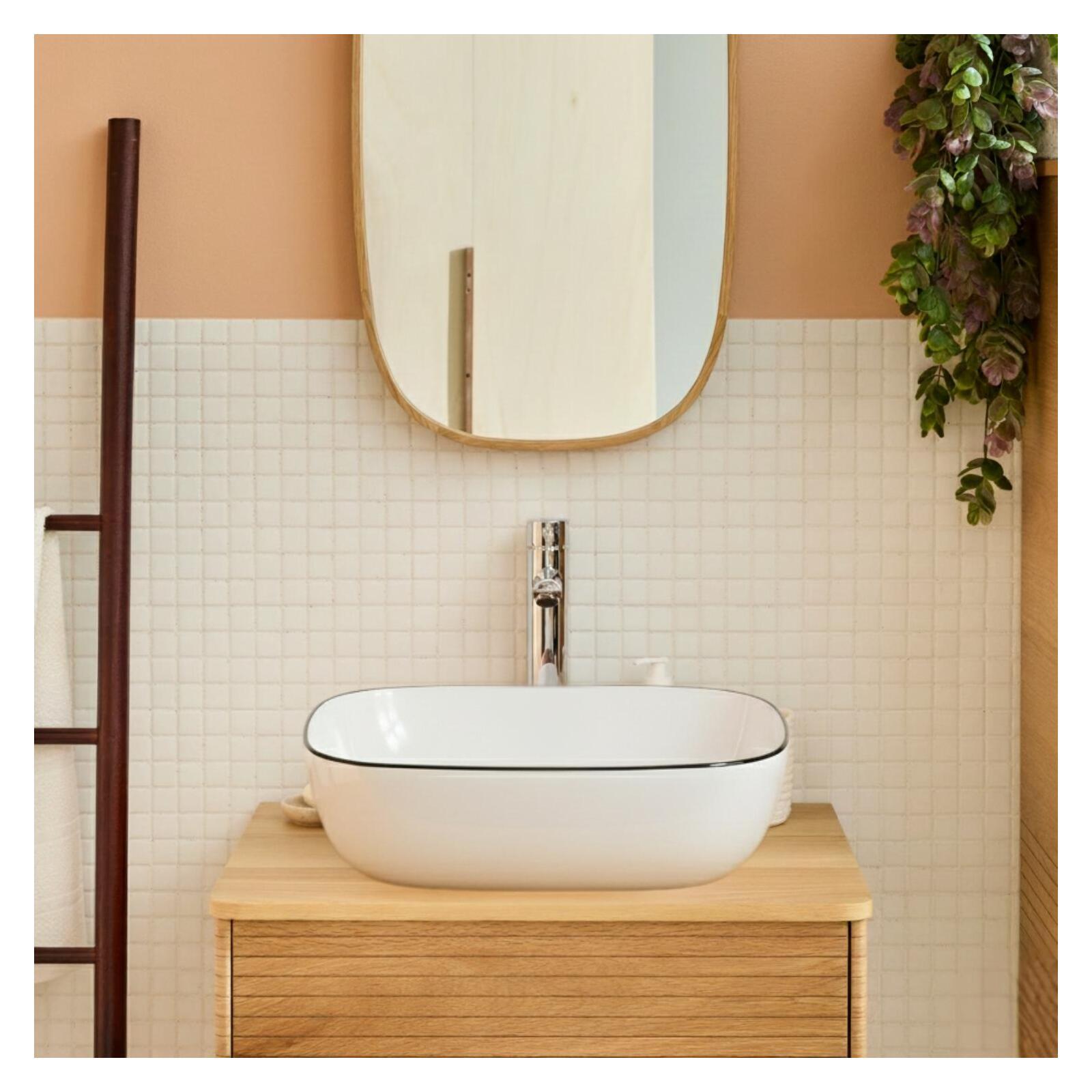 Lavabo rectangular de cerámica sobre encimera con borde, 48x37cm, DIEGO - 4