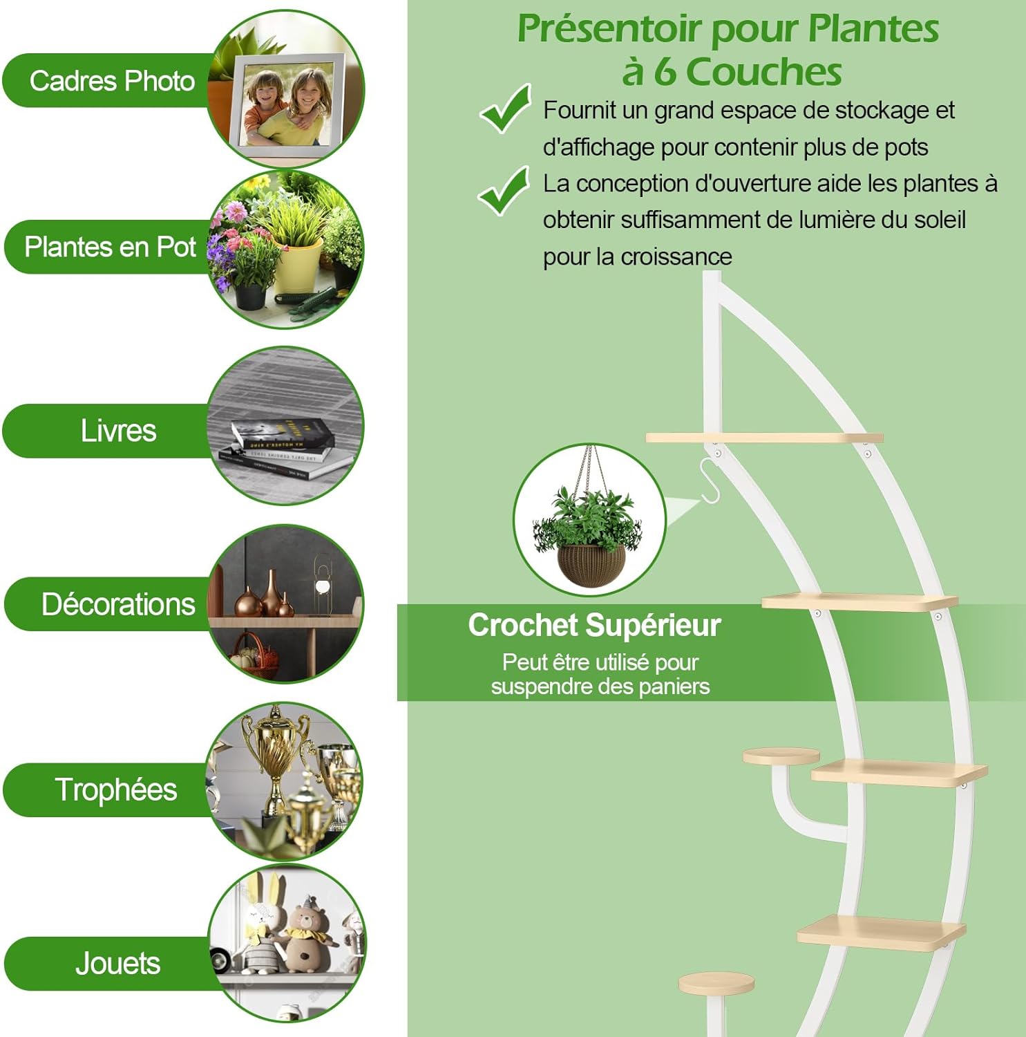 Support de Plante en Métal à 7 Niveaux, Étagère à Fleurs avec Crochet, Porte Plantes en Forme de Demi-lune, 60 x 30 x 155 CM, Blanc - 5