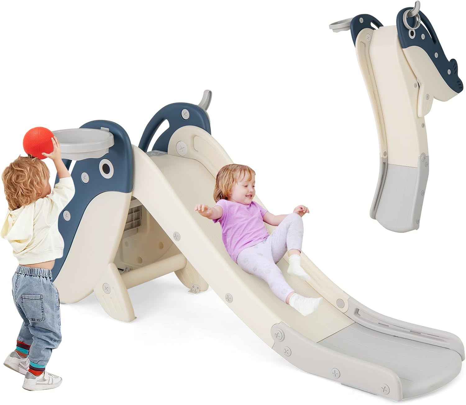 4 w 1 Zjeżdżalnia dla Dzieci z Koszem do Koszykówki, Drabinką, Grą w Rzucanie Pierścieniami, Koszykówką, Nośnością 70 kg, Motywem Wieloryba