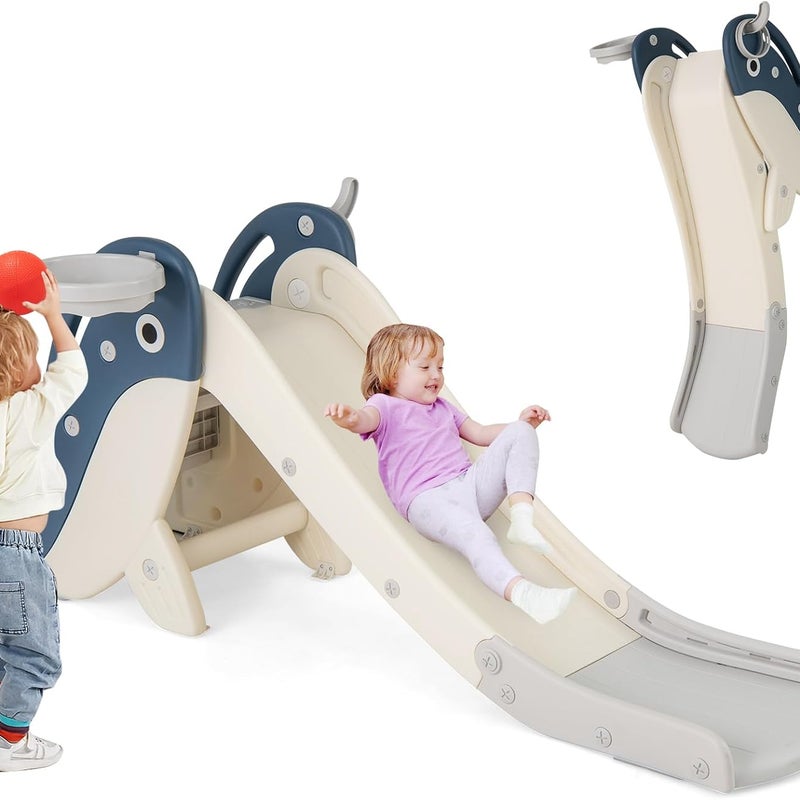 4 w 1 Zjeżdżalnia dla Dzieci z Koszem do Koszykówki, Drabinką, Grą w Rzucanie Pierścieniami, Koszykówką, Nośnością 70 kg, Motywem Wieloryba