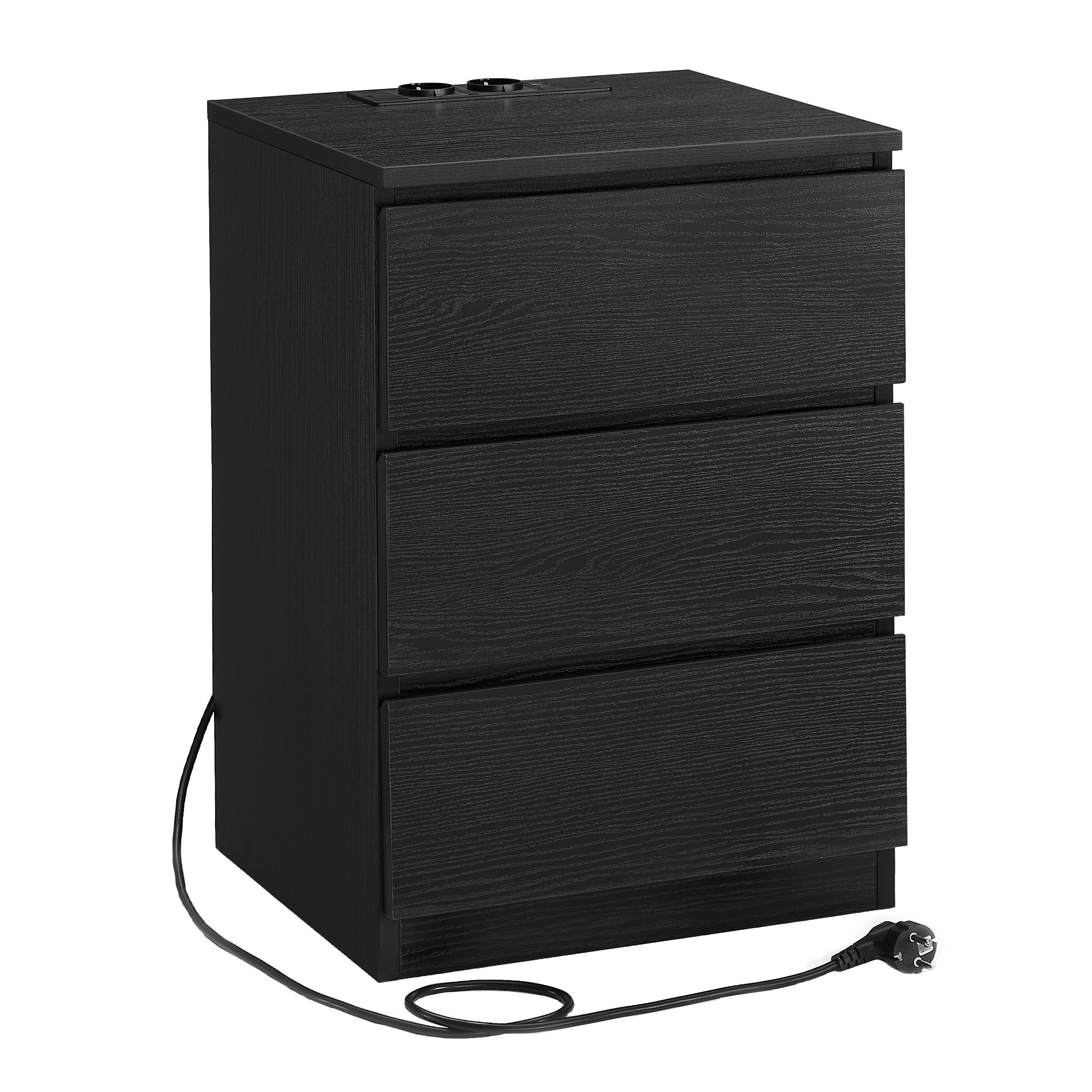 Vasagle Mesita De Noche Con Estación De Carga, Mesa Auxiliar Con 3 Cajones, 2 Tomas Ca, 2 Puertos Usb, Para Salón, Dormitorio, Estudio, Moderno, Ébano Negro , Leroy Merlin