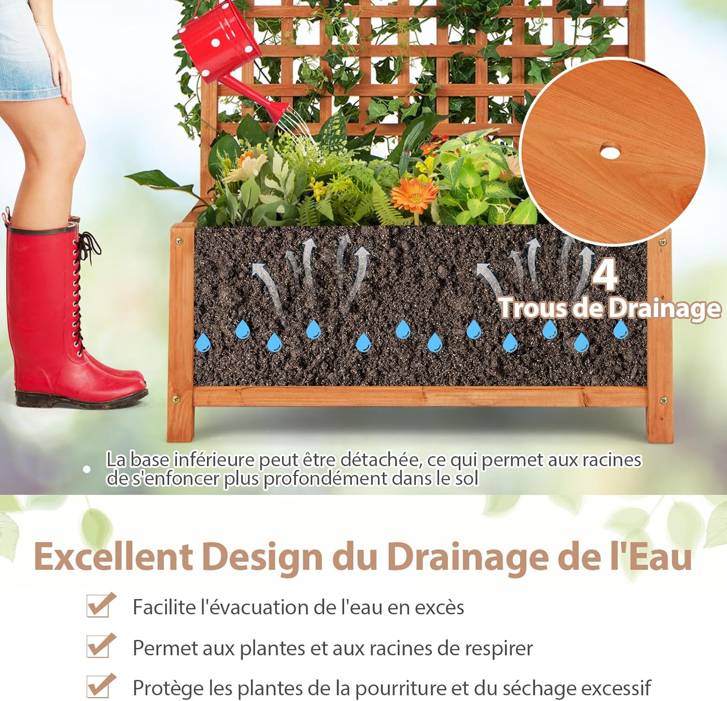 Fioriera da Esterno con Grigliato e Tettuccio, Letto Rialzato in Legno con Fori di Scarico, Aiuola Rialzata con Spalliera per Piante Rampicant - 4