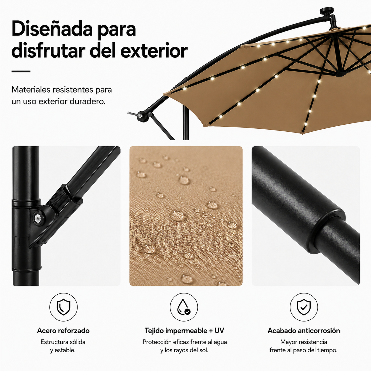 Parasol latéral 3 mètres de jardin kaki avec LED et inclinaison 360° - 6