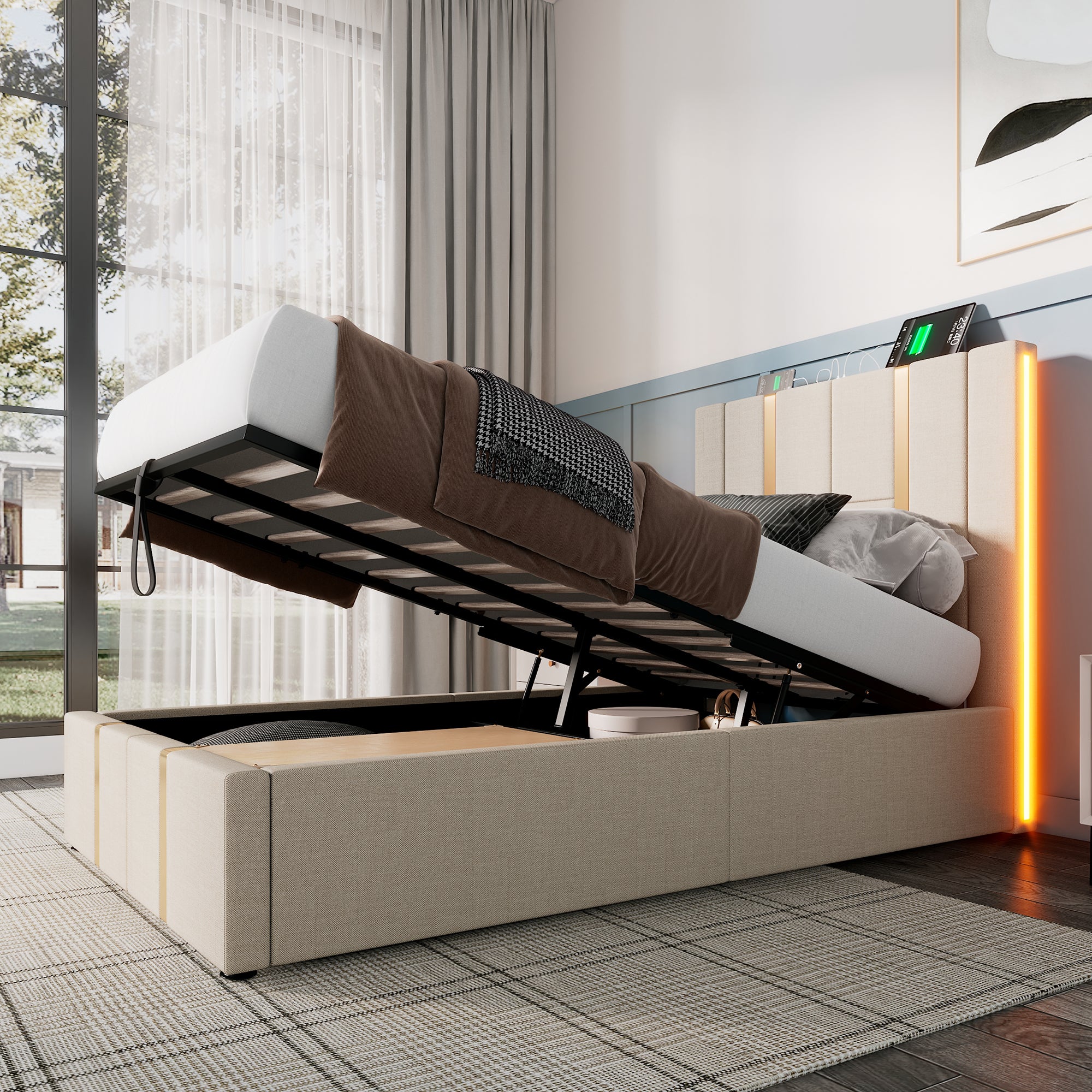 Lit Rembourré 90x200 Cm Avec Tête De Lit USB/Type-C Et LED RGB - Cadre Rangement Hydraulique, Lattes Bois, Tissu Lin Beige