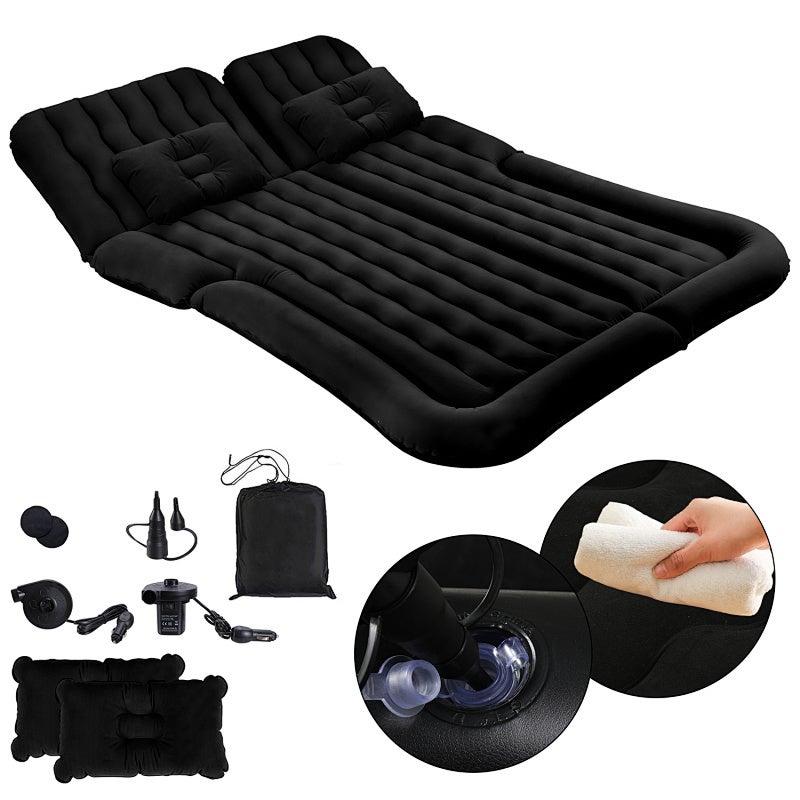 Gruby materac dmuchany do samochodu Dmuchane łóżko materacowe z pompą elektryczną 12 V Flokowanie + PVC 178 x 126 x 13 cm Czarny