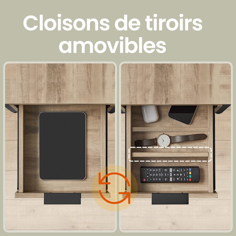 Table d’Appoint avec Prise Intégrée, 2 Tiroirs, pour Salon et Chambre, Marron Camel et Noir - 7