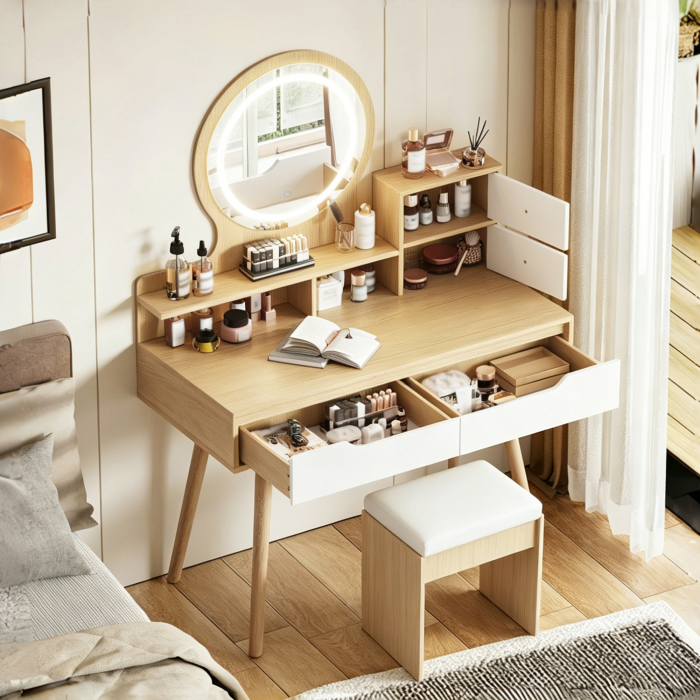 Coiffeuse，Avec miroir et éclairage LED，Lumière réglable，Avec tabouret inclus，Grande surface de travail，135 x 80 x 40 cm，Bois clair - 4
