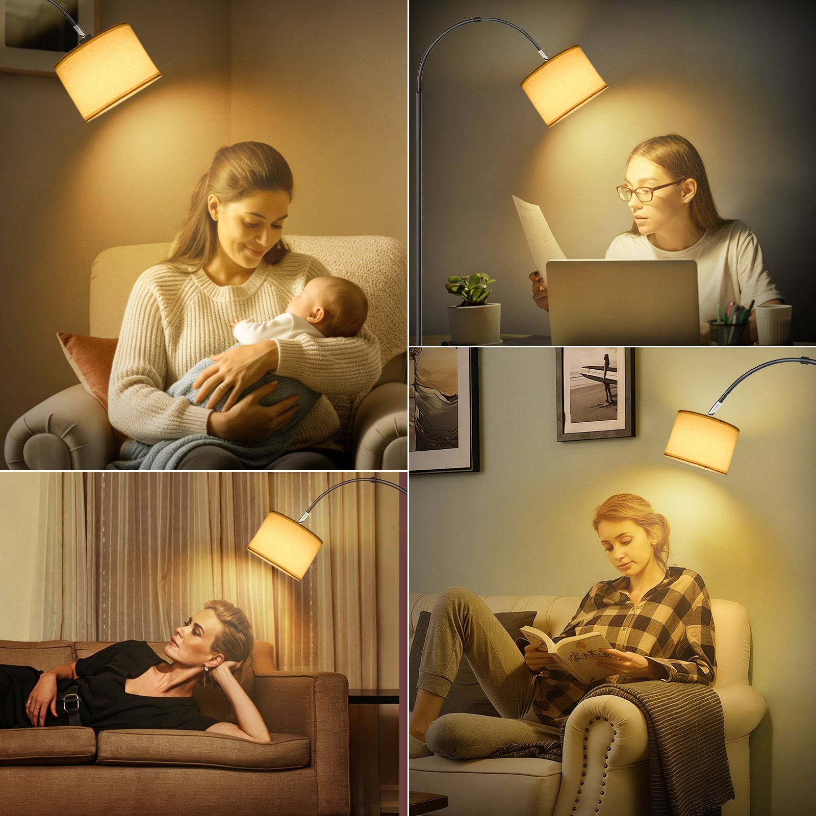 Lampadaire arc LED 170 cm noir lampe de lecture, 12W, 1400 lm, 3000K, design vintage, abat-jour tissu, métal, interrupteur au pied, E27, LOVHAUS - 9