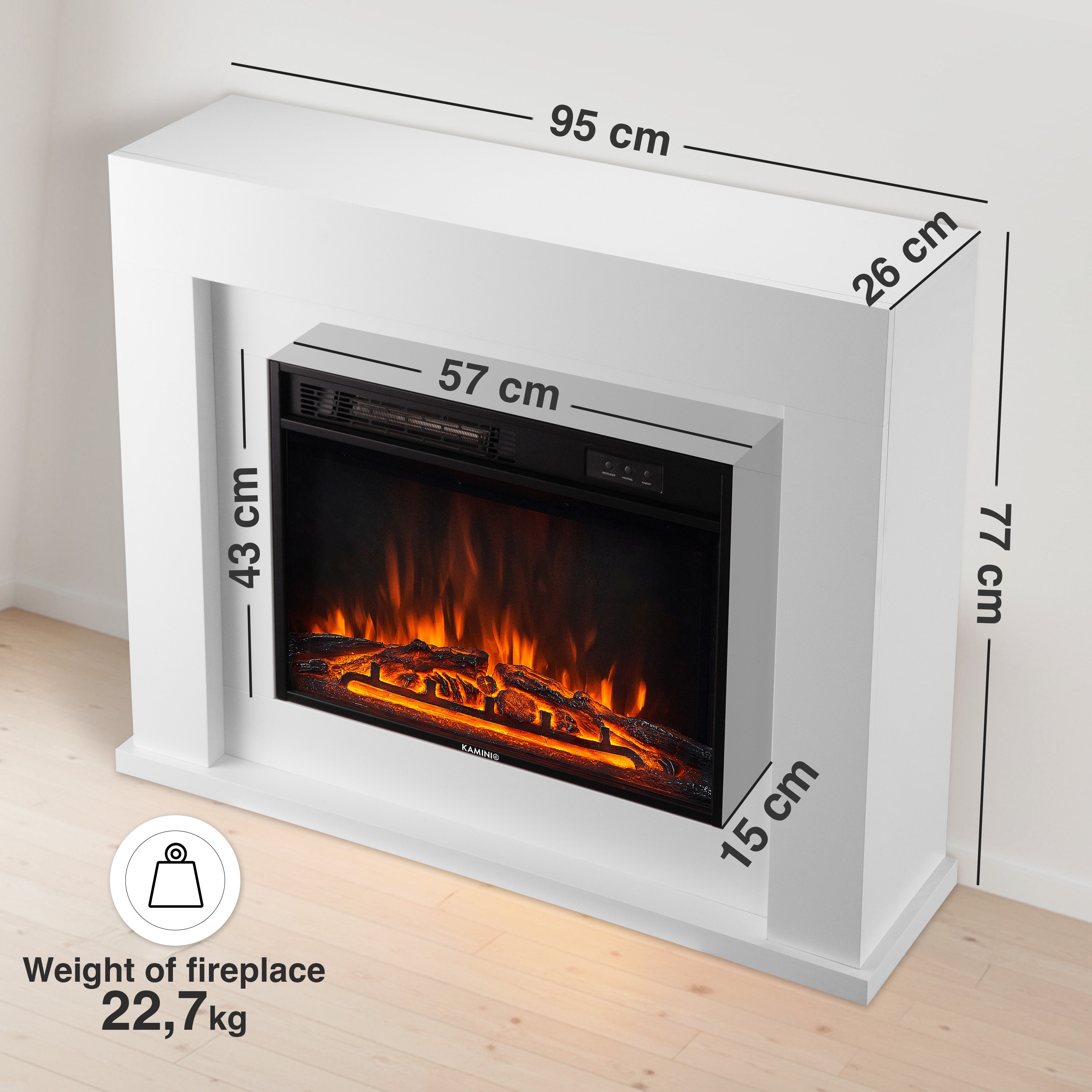 KAMINIO Cheminée électrique MATTI - Cheminée sur pied avec chauffage, effet de flamme 3D, lumière d'ambiance LED, télécommande - 38 pouces, Blanc - 6