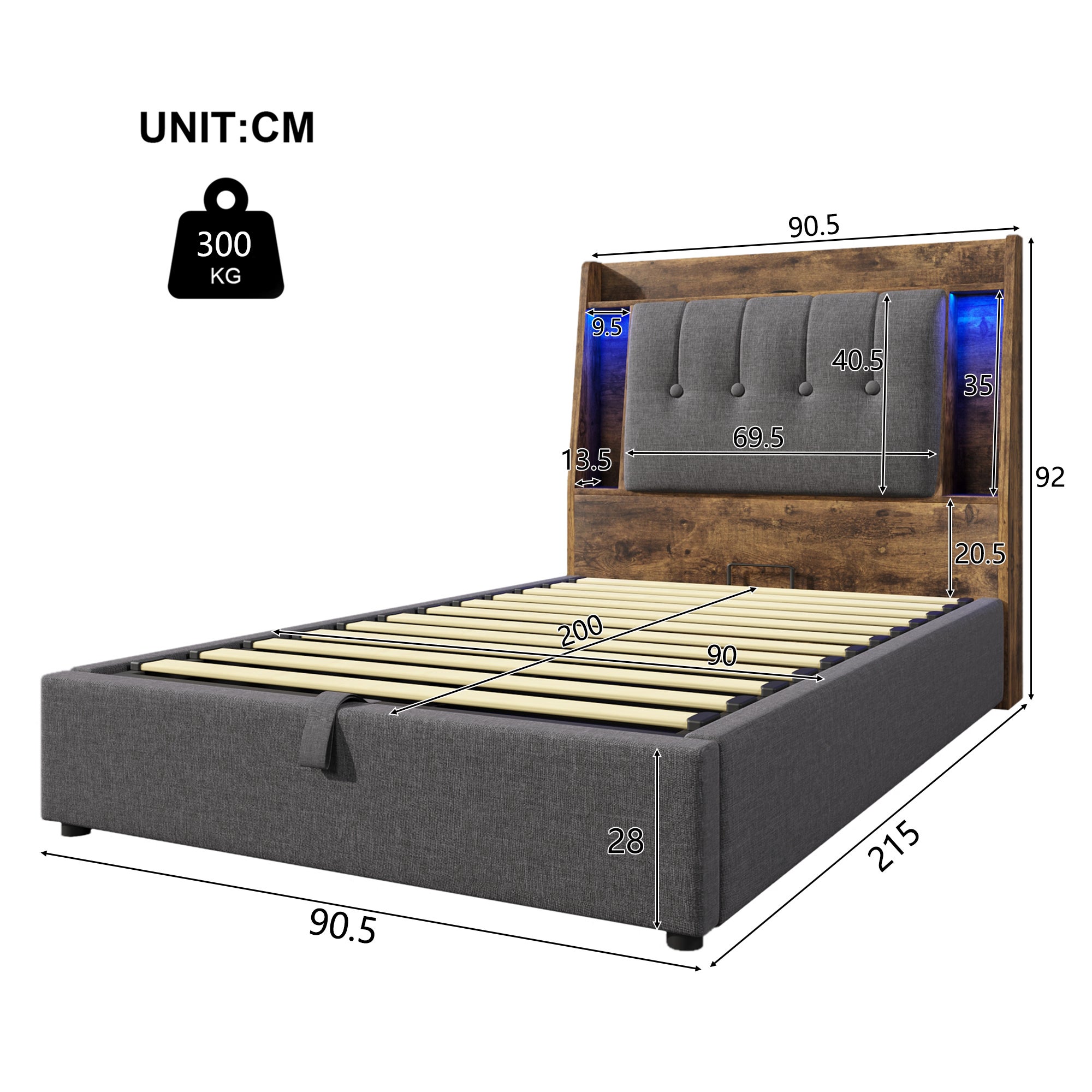 letto contenitore 90x200 cm con LED e porte USB-C lino MDF grigio senza materasso - 4