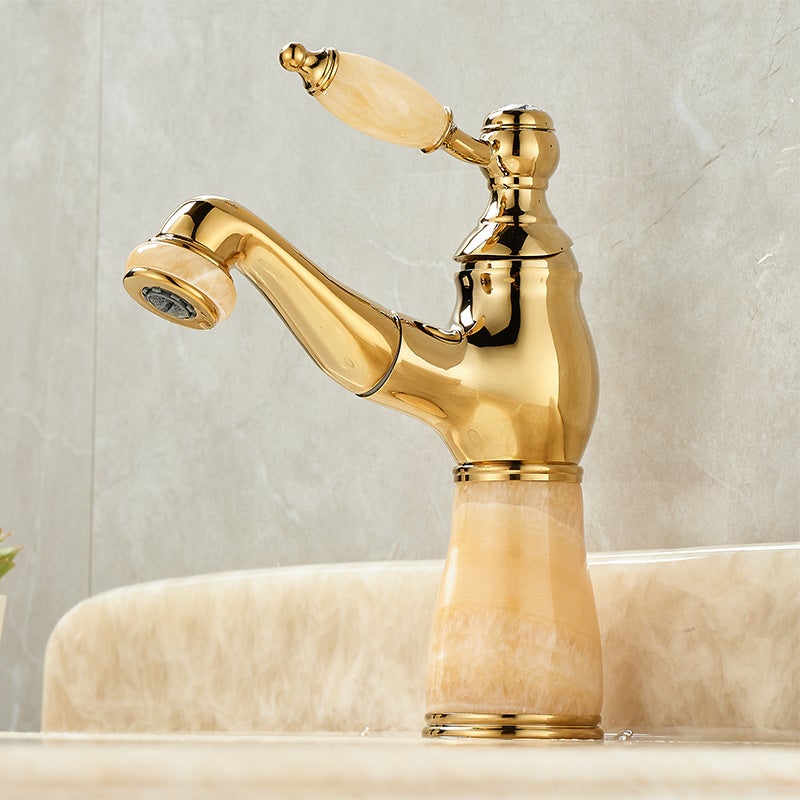 Jade Stone Faucet, wyciągana marmurowa bateria, Vintage, cała miedź, ciepła i zimna woda, bateria łazienkowa - żółta