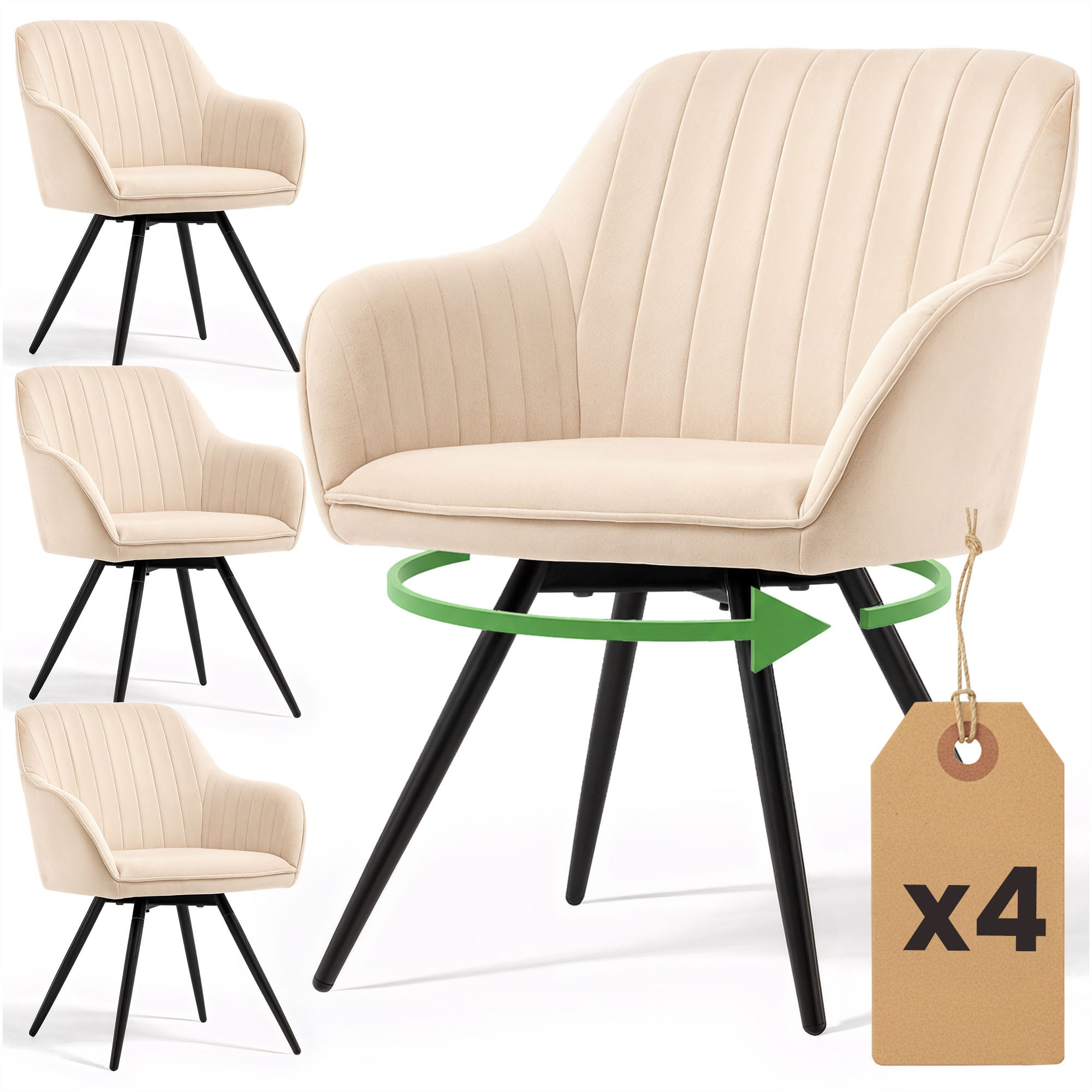 4x Welurowe krzesło obrotowe z przeszyciami Beżowe TURNO Czarne nogi