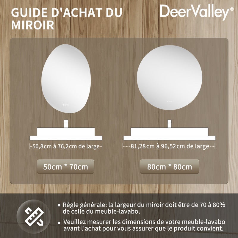 Miroir de Salle de Bain LED Rond DeerValley 80x80cm - Rétroéclairage Dimmable, Antibuée, Incassable, Bluetooth, 3 Températures - 9