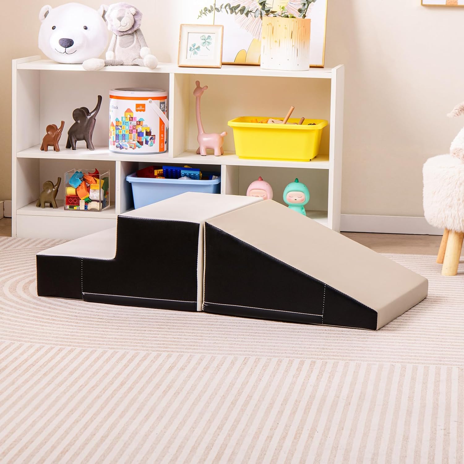 2PCS Parcours Motricité Bébé en Mousse avec Housse Amovible en PU, avec Marche & Toboggan, Jouets Éducatifs pour Ramper Grimper(Gris) - 9