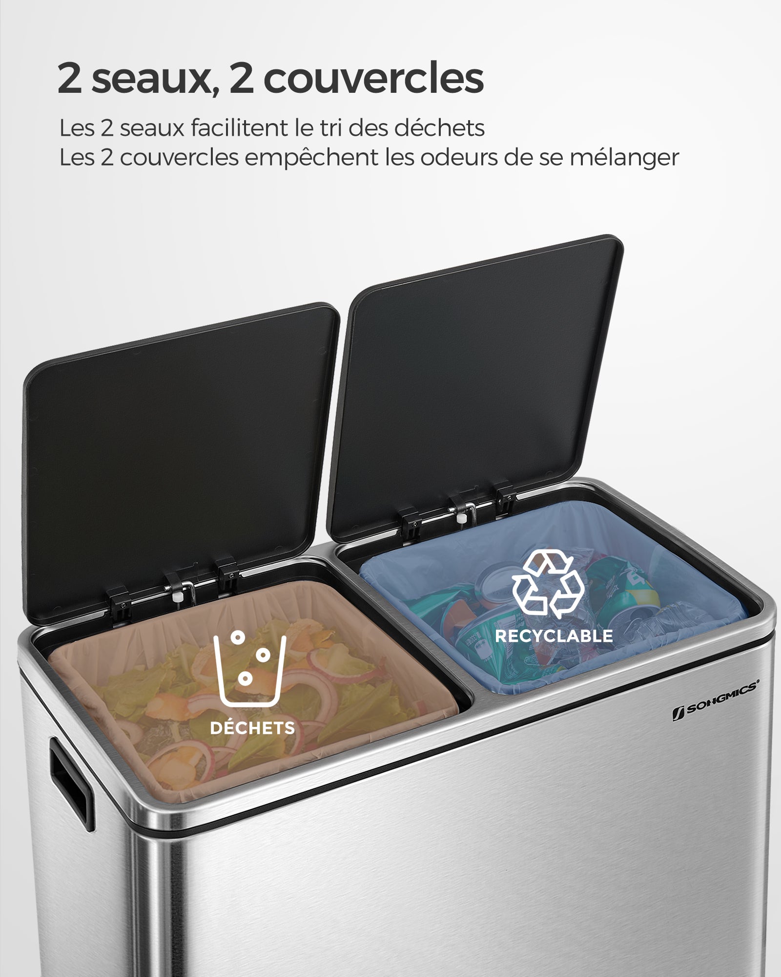 Poubelle à Double Compartiment 2 x 30L, avec 15 Sacs Poubelles, Pédales en Métal - 3