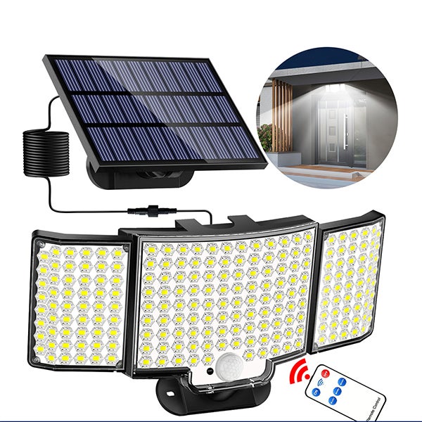 Zewnętrzny reflektor solarny 212 LED - Białe światło - Szeroki kąt 270° - 3 tryby sterowane pilotem - Czujnik ruchu - Kabel 5m - Do garażu