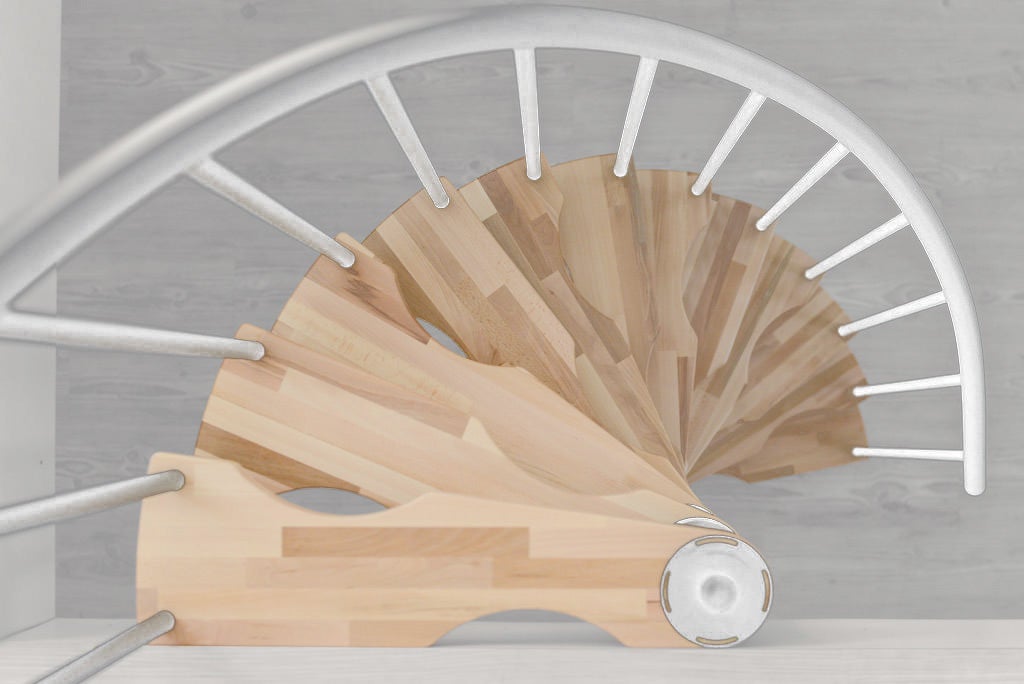 Escalier colimaçon 12 marches - Hauteur à franchir 2.47 à 3.05m - Structure blanche et marche hêtre - Diamètre 120cm - SUON120/BH/12 - 2