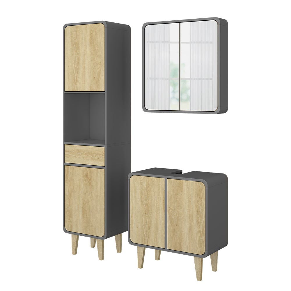 Vicco Zestaw mebli łazienkowych Arla, Antracyt/dąb, 3 części, z wysoką jednostką