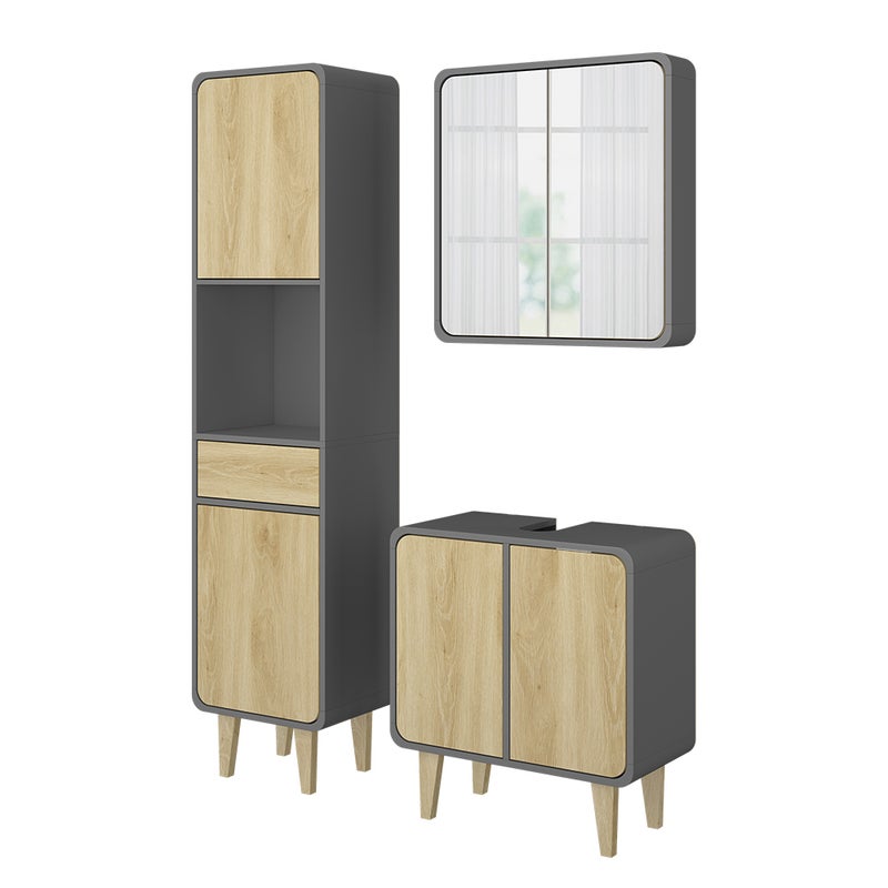 Vicco Zestaw mebli łazienkowych Arla, Antracyt/dąb, 3 części, z wysoką jednostką