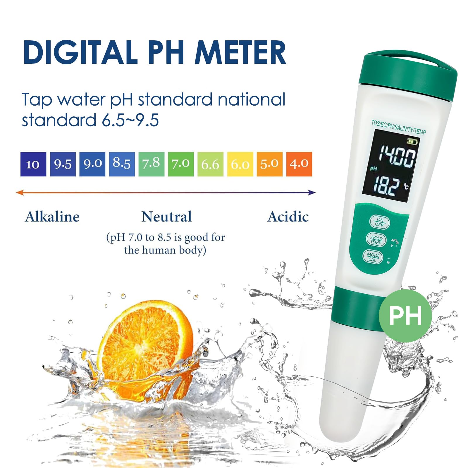 Stylo de test de qualité de l'eau multifonction 5 en 1, TDS, EC, pH, sel, température, résultats rapides, haute précision, testeur de qualité de l'eau - 4