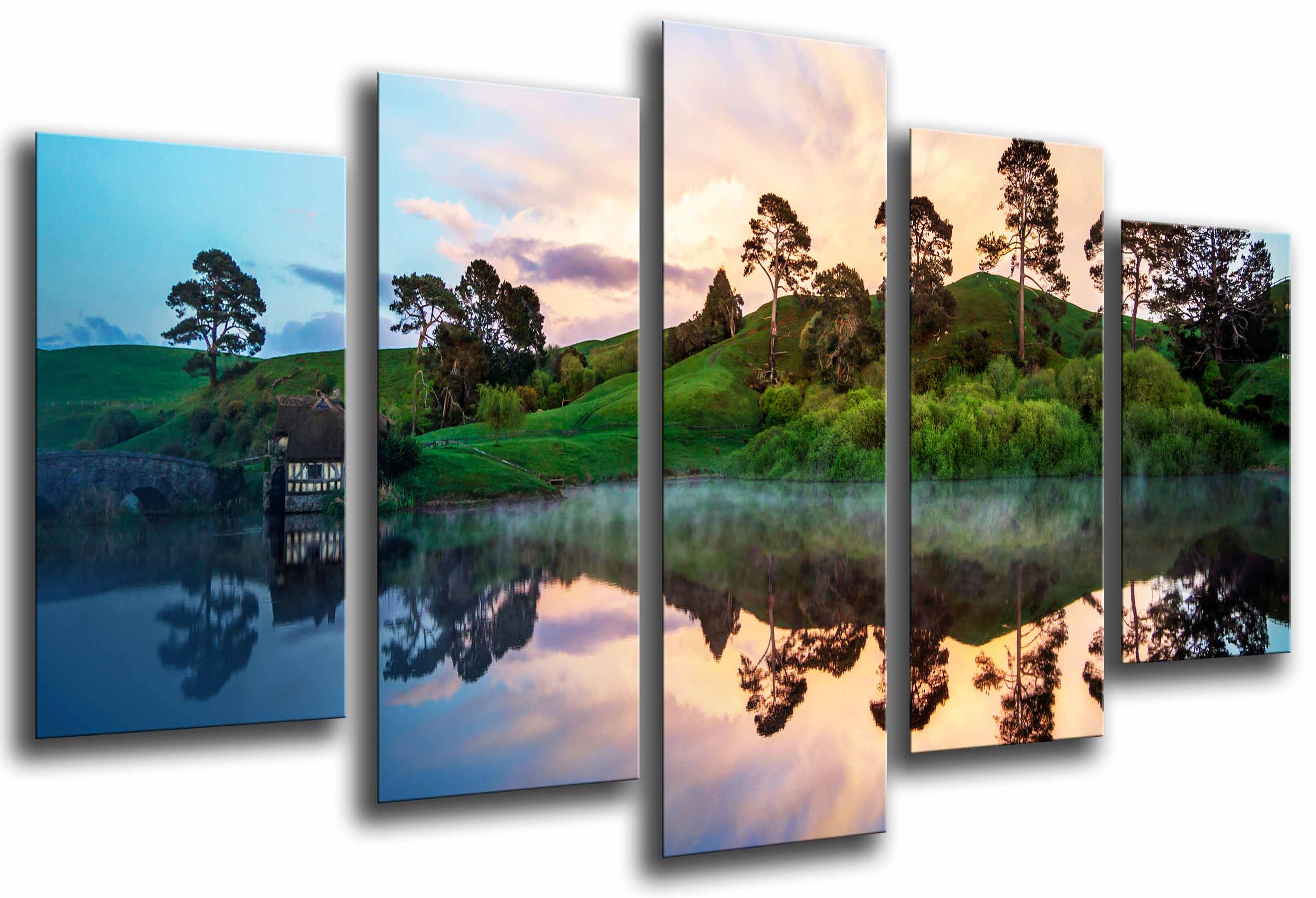 Paisaje natural, casa junto a lago , bosque reflejo agua, impresión fotográfica sobre madera, cuadro moderno decorativo