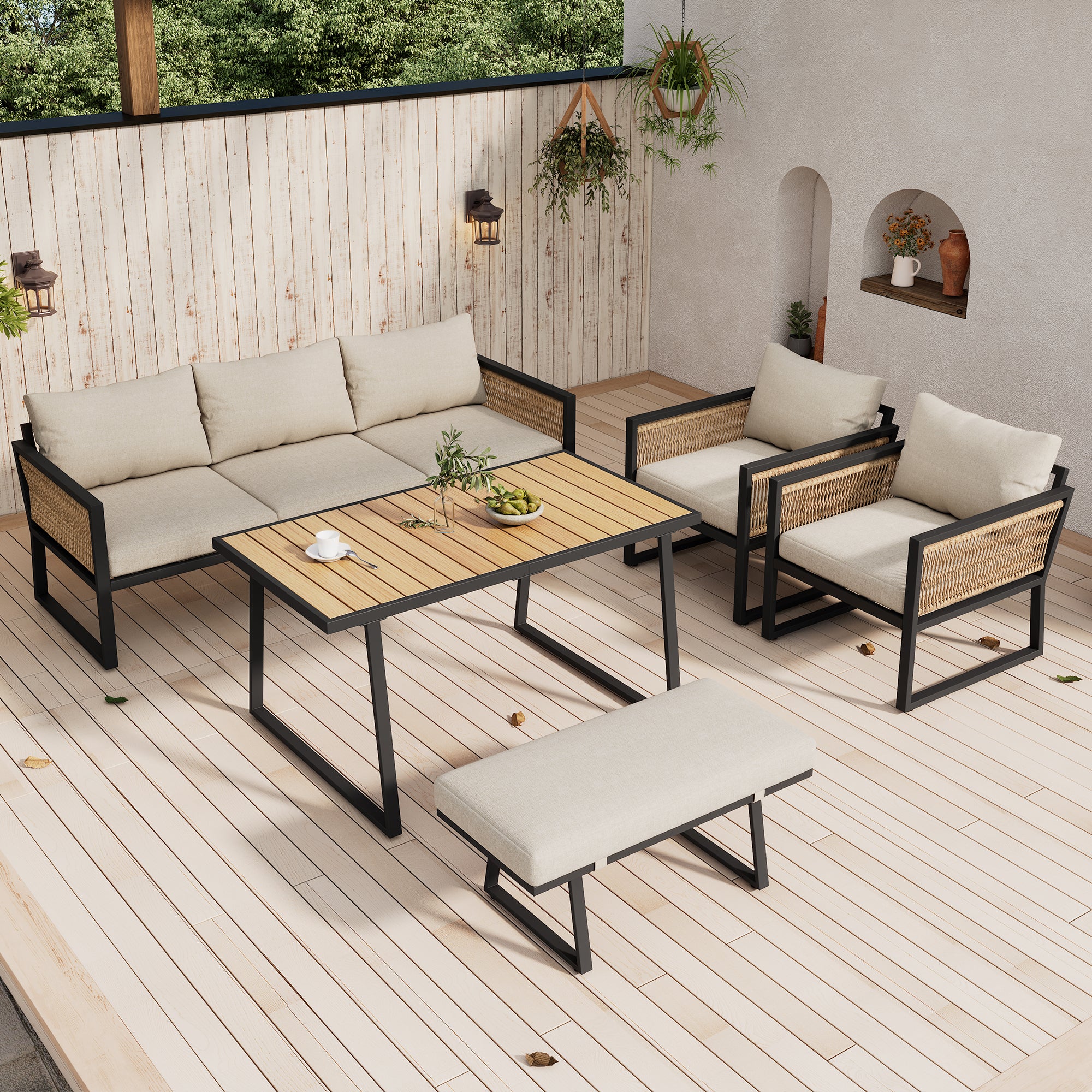 Salon de Jardin pour 6 personnes - structure acier galvanisé - ensemble de meubleus d'extérieur avec canapé 3 places + 2 fauteuils + table, beige - 2
