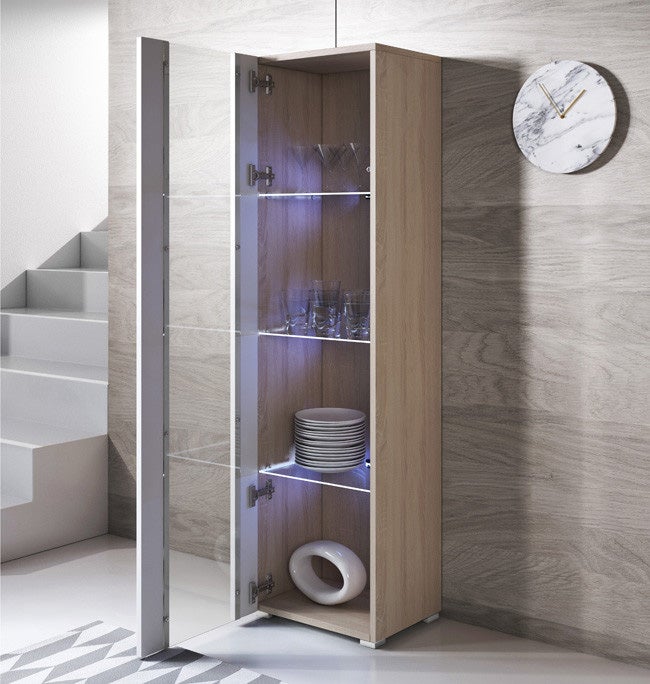 Vitrina con Patas 2cm | Armario | Mueble de Salón | Vitrina de pared | LED | 1 puerta | 40x167x29cm | Modelo Luke V5 | Sonoma mate y Blanco brillo - 3
