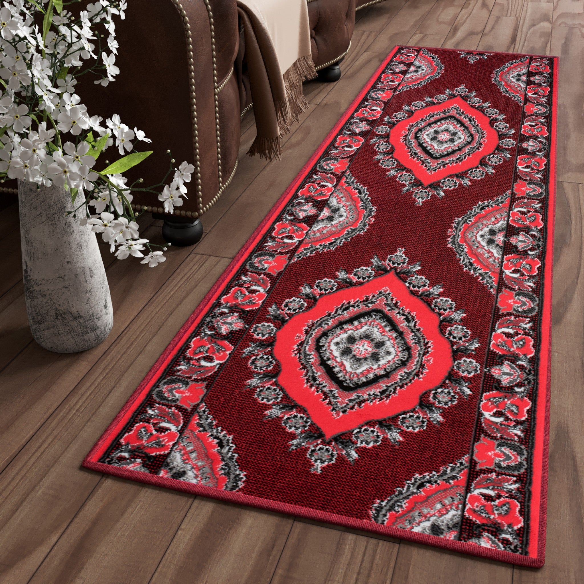 Tapiso bali alfombra de pasillo corredor escalinata clásico rojo negro ornamental por metro 70 x 120 cm