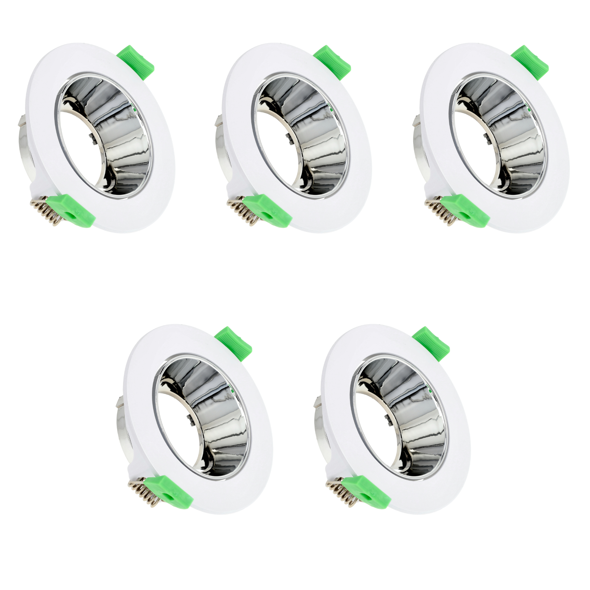 Zestaw 5 sztuk Reflektorów z okrągłą ramką, regulowanych, do montażu w suficie, dla GU10 / MR16, z białą i chromowaną ramką