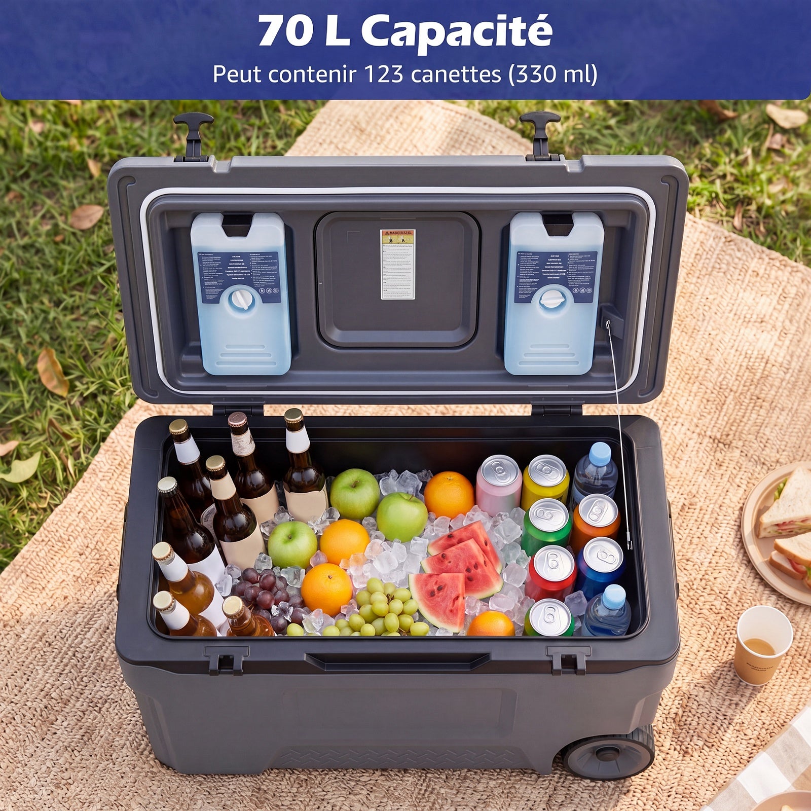 Glacière, Poignées et Roulettes Transport, Glacière Portable de 70L, Orifice de Sortie, Emplacement du Gobelet, Garder la Glace Jusqu'à 6 Jours, Gris - 4
