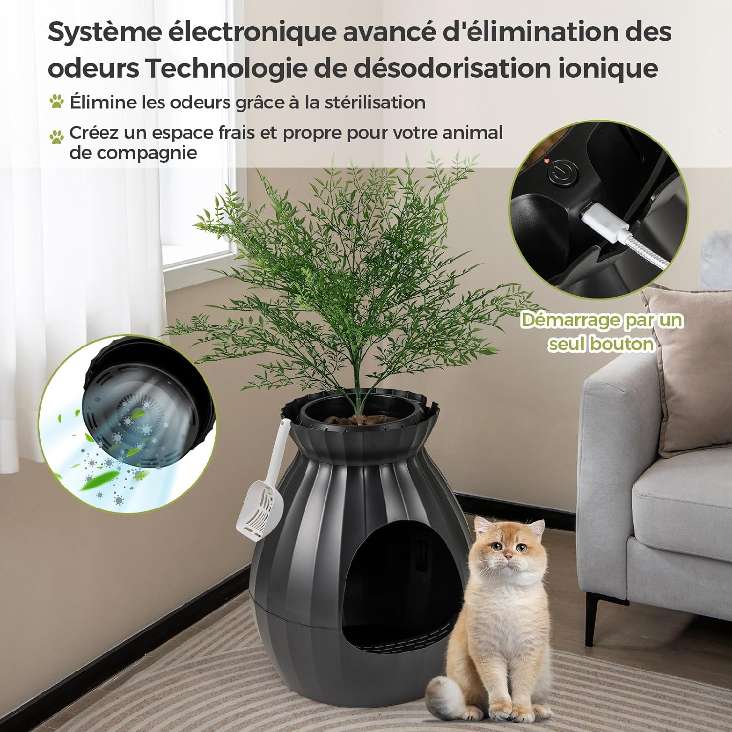 Bac Litiere pour Chat XXL avec Désodorisation Ionique, Grande Caisse Chat Litiere 63L avec Plante Artificielle Verte,Noir - 3