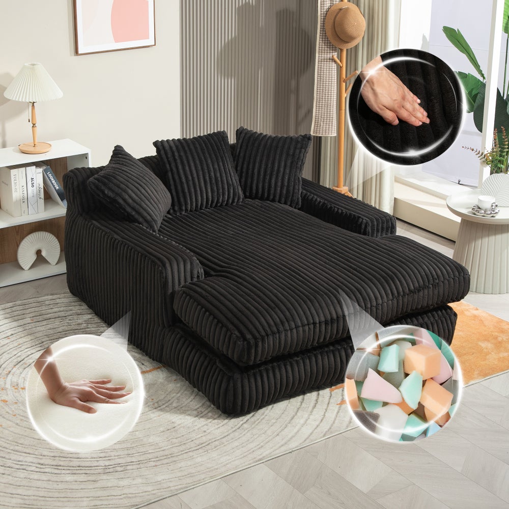 Sofa podłogowa, sztruksowa, z funkcją rozkładania, jednoosobowa, z 3 poduszkami, czarna