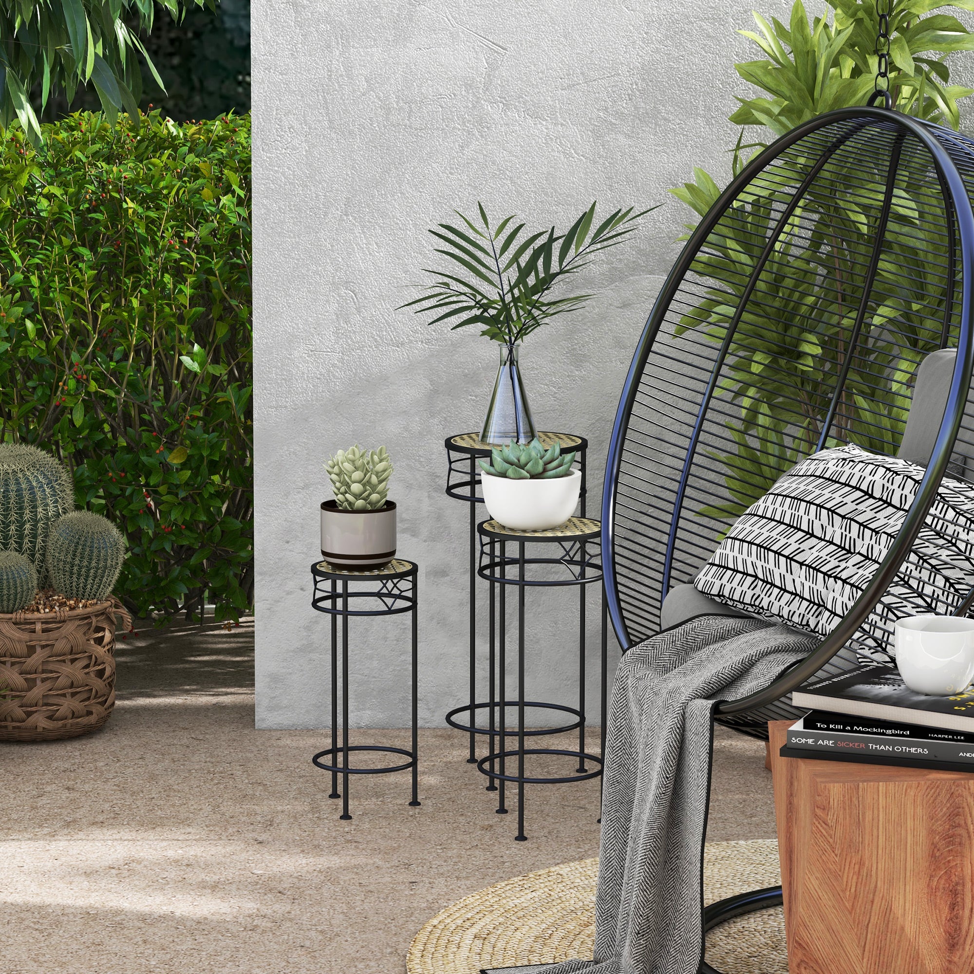 Lot de 3 supports pot de fleurs supports pour plantes ronds étagère à fleurs empilables - plateaux aspect rotin - 9