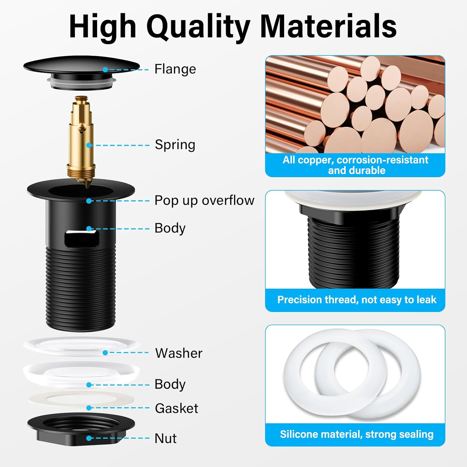 Bonde de Lavabo Bonde Pop-up avec Trop-plein Automatique Universelle Noir Vasque Baignoire Salle de Bain - 3