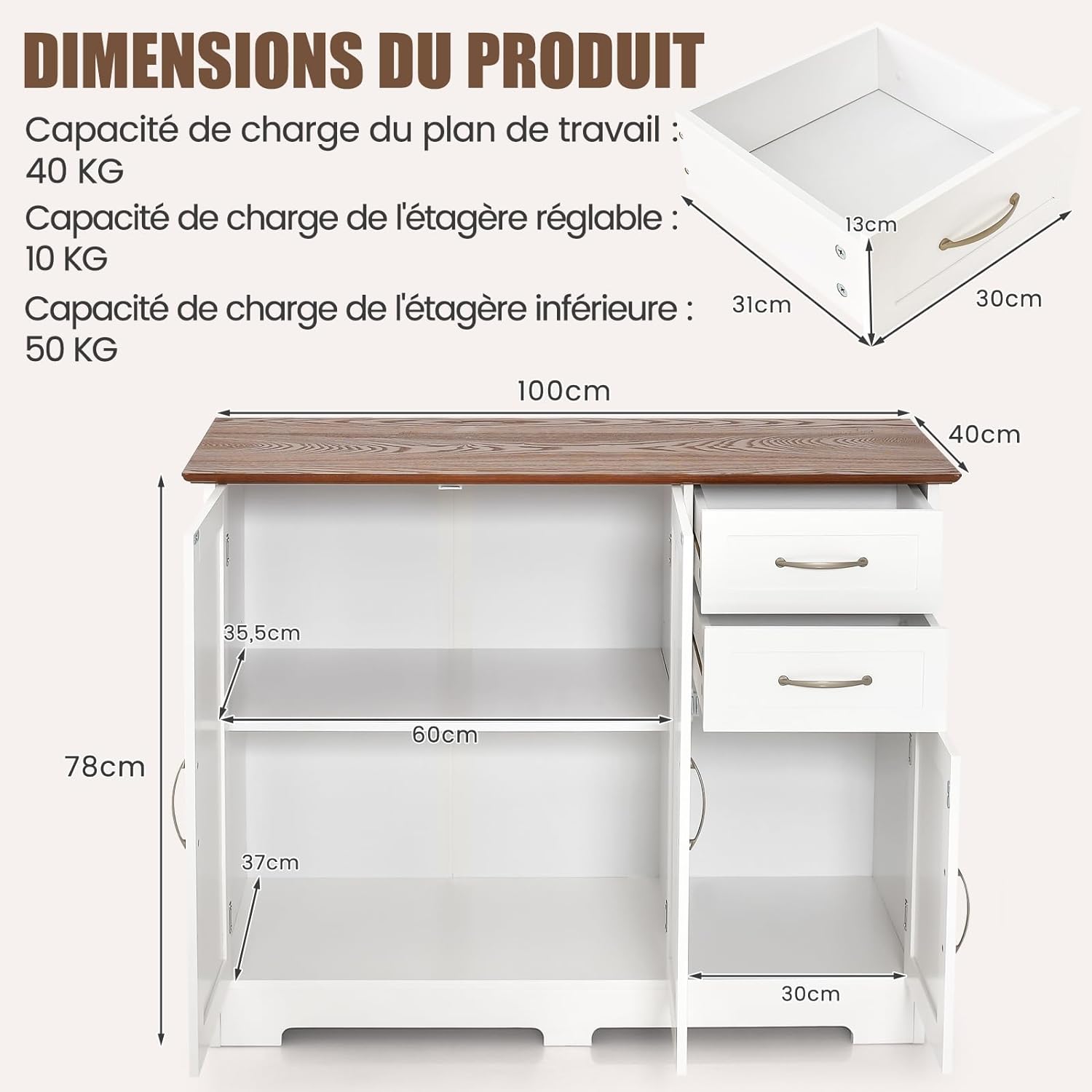 Buffet Cuisine, Meuble Bas Cuisine 2 Placards 2 Tiroirs, Salon, Blanc, 100 x 40 x 78 cm - 5