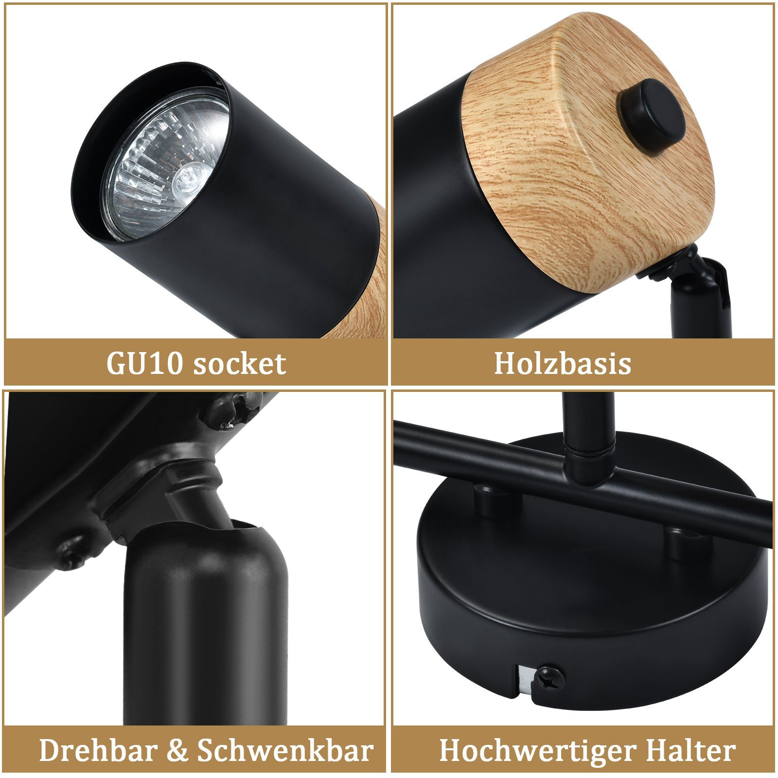 NETTLIFE Plafonnier 3 spots bois GU10 noir orientable 330° pour salon chambre cuisine chambre d'enfant sans ampoule - 6