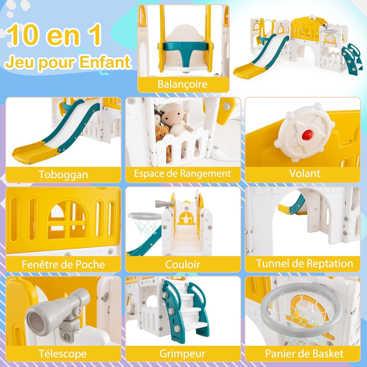 Tobogán Infantil 10 En 1 Con Columpio Y Canasta De Baloncesto | Parque De Plástico Con Telescopio Y Volante | Plegable Para Interior Y Exterior | Edad 1+ Años