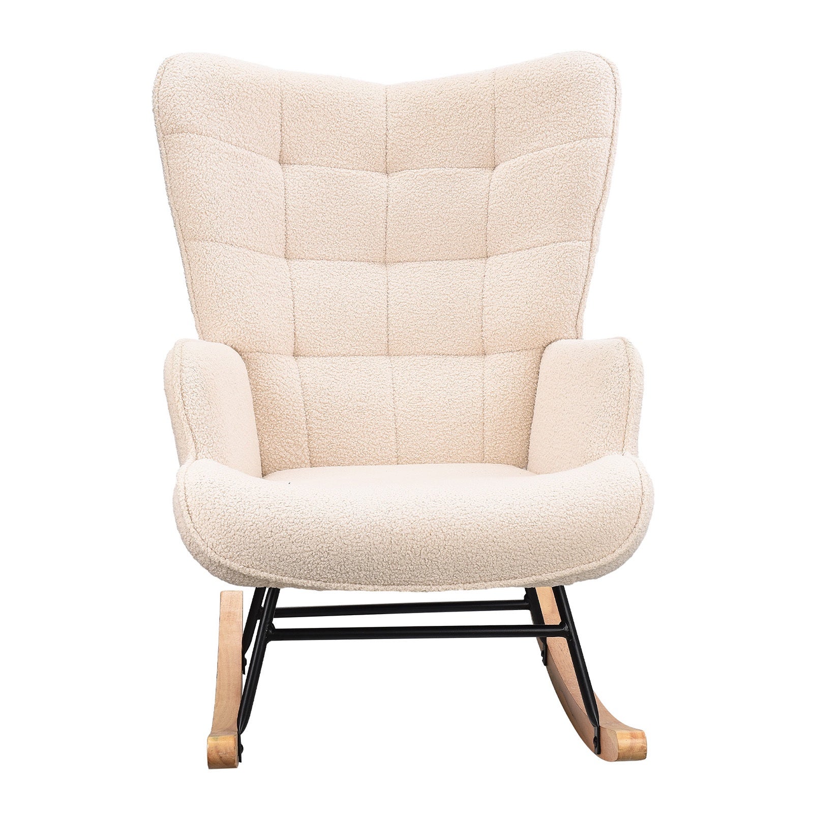 Fauteuil à Bascule - Scandinave - Dossier Capitonnée en carré - Balancelle Relaxante - 68x75x92cm - Velours Teddy Beige - 5