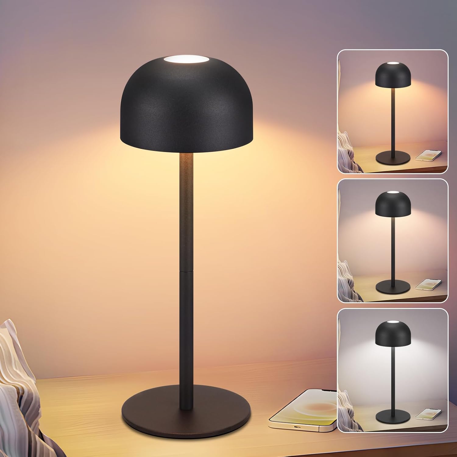 ZMH Lampa stołowa LED czarna bezprzewodowa ściemnialna z 3 temperaturami barwowymi