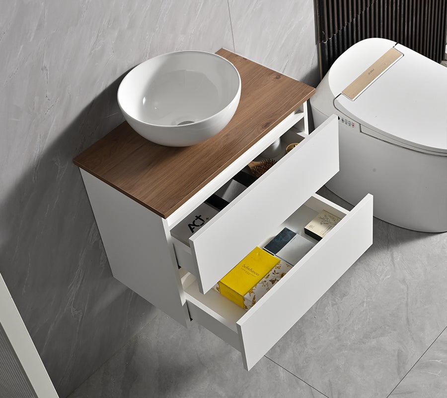 Conjunto Móvel de Casa de Banho profundidade reduzida 58x33x48 cm Branco e bancada de madeira com Lavatório de pousar - 3