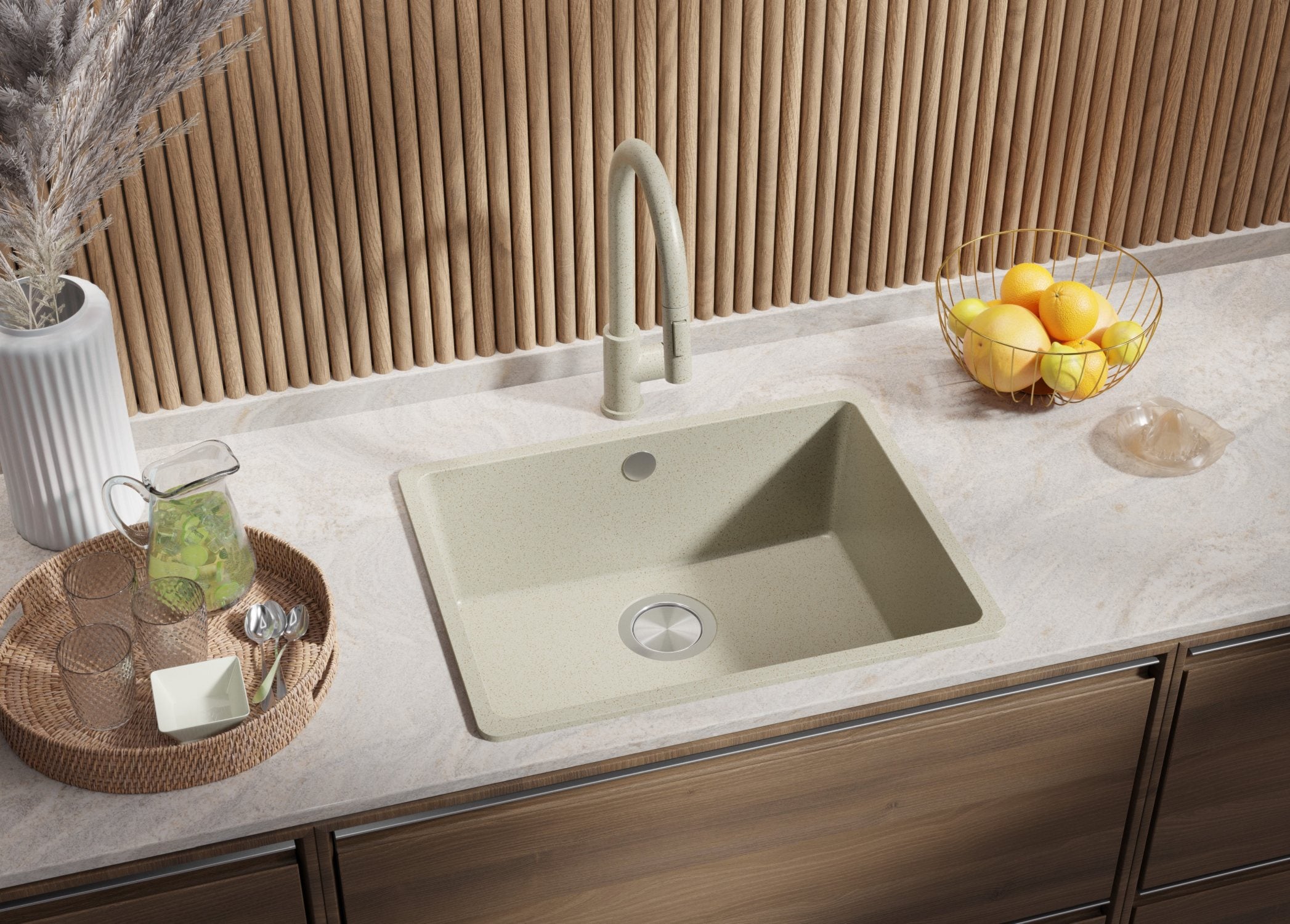 Evier Cuisine en Granit Beige 48x50cm, Lavabo 1 bac + Kit de Vidage + Robinet, Évier à Encastrer