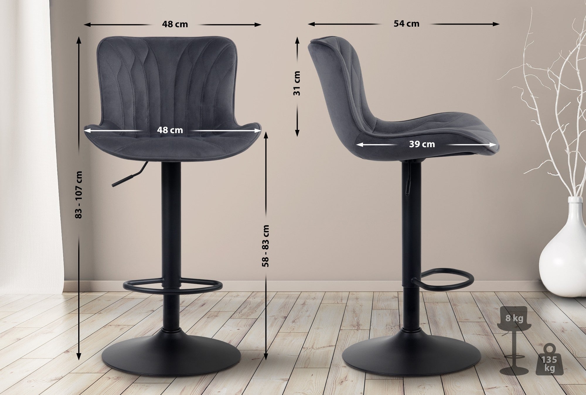 Tabouret de bar Linus velours noir - 2