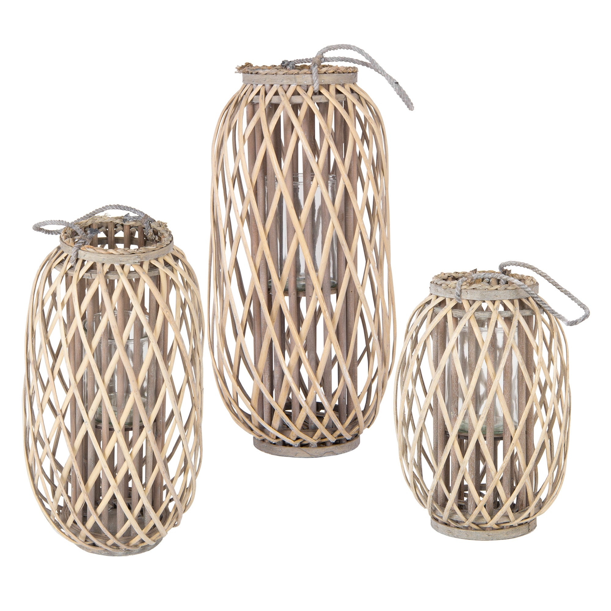 ECD Germany zestaw 3 lampionów ogrodowych drewnianych ręcznie plecionych ried 40x26cm 50x28cm 60x30cm ze szkłem naturalny retro