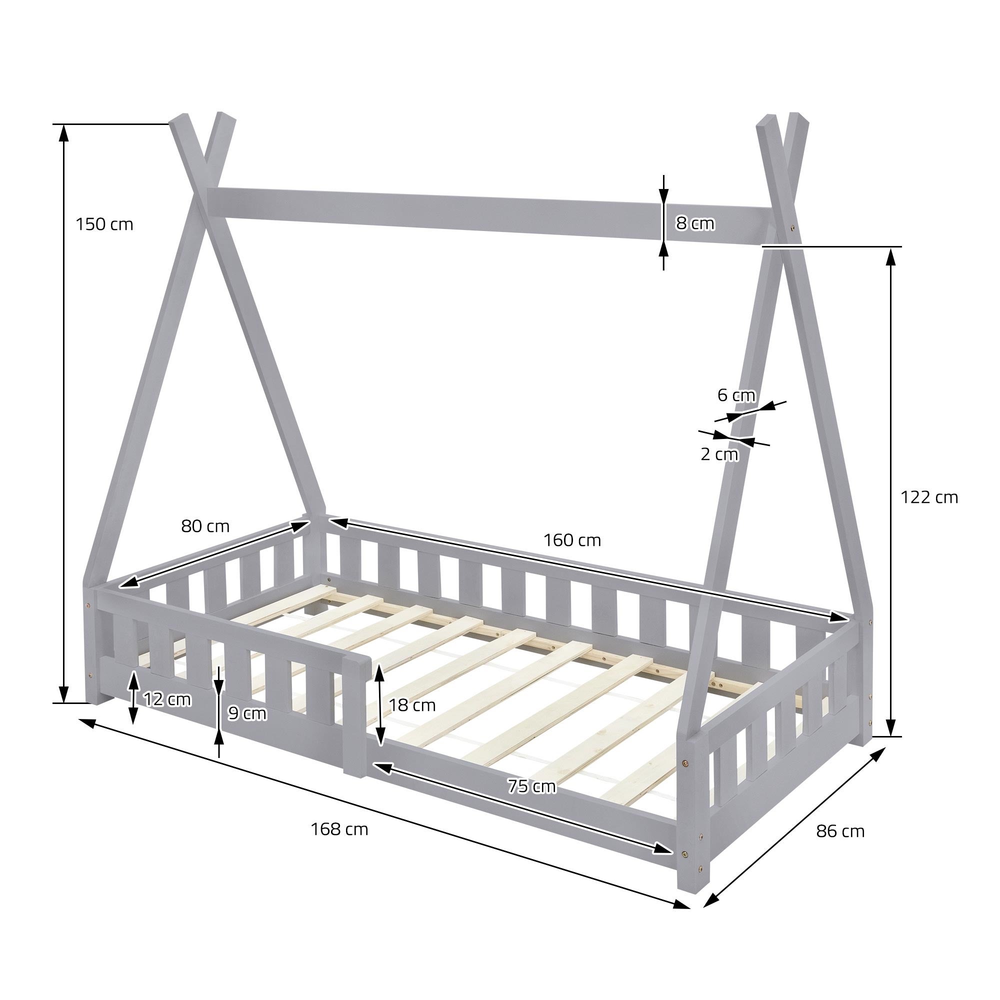 Lettino tepee per bambini 80x 160 cm con sponde, rete a doghe, letto tenda indiana da gioco in legno di pino massiccio grigio per cameretta bimbi - 5