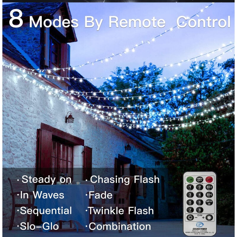 Guirlande lumineuse LED 100 m 1000 LED, étanche IP44, avec télécommande et minuterie, 8 modes, décoration de mariage, salon, fête, blanc froid - 2