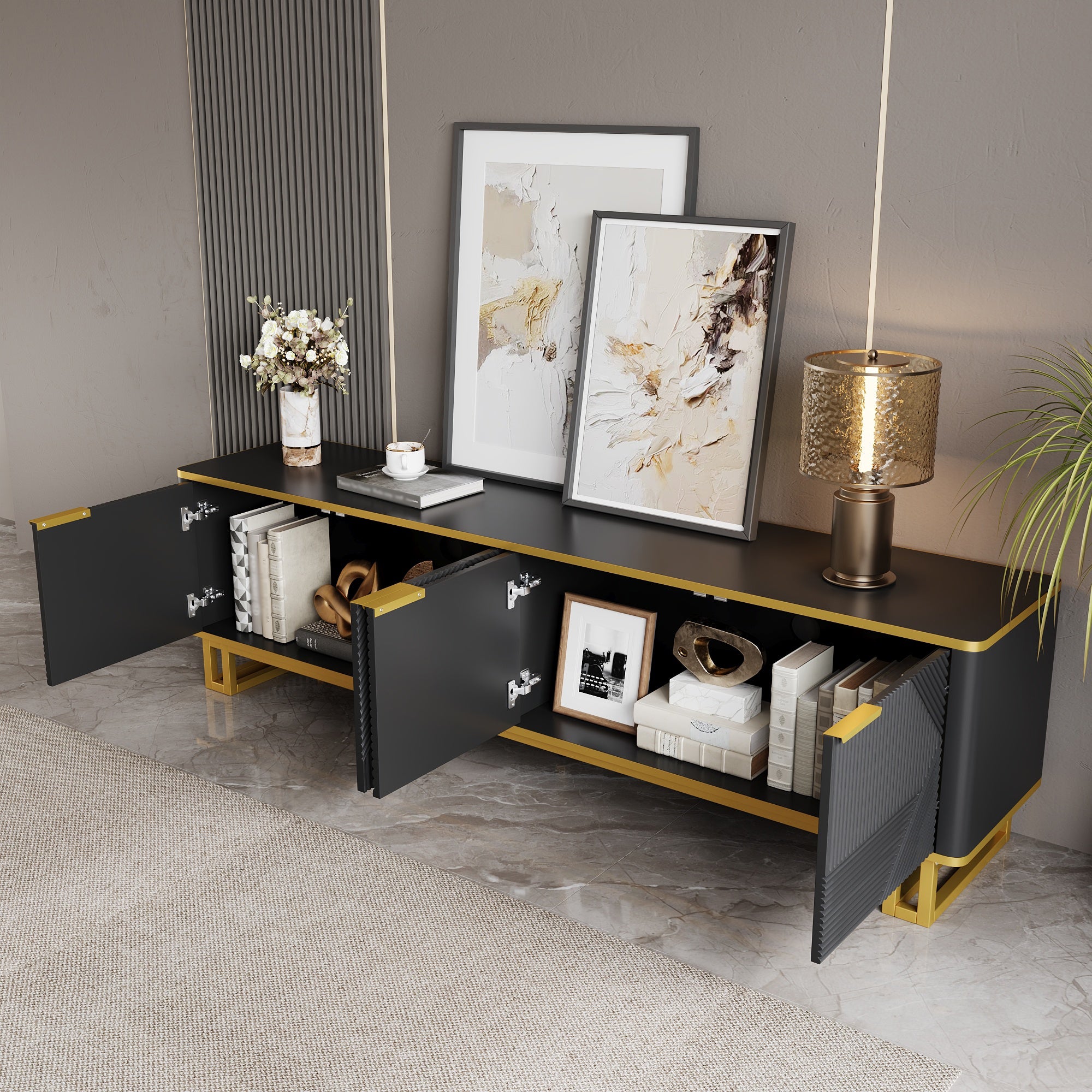 Stojak pod TV z 4 drzwiami - 160 x 37,5 x 48 cm - MDF i nogi z metalu w kolorze złotym - Czarny - 6