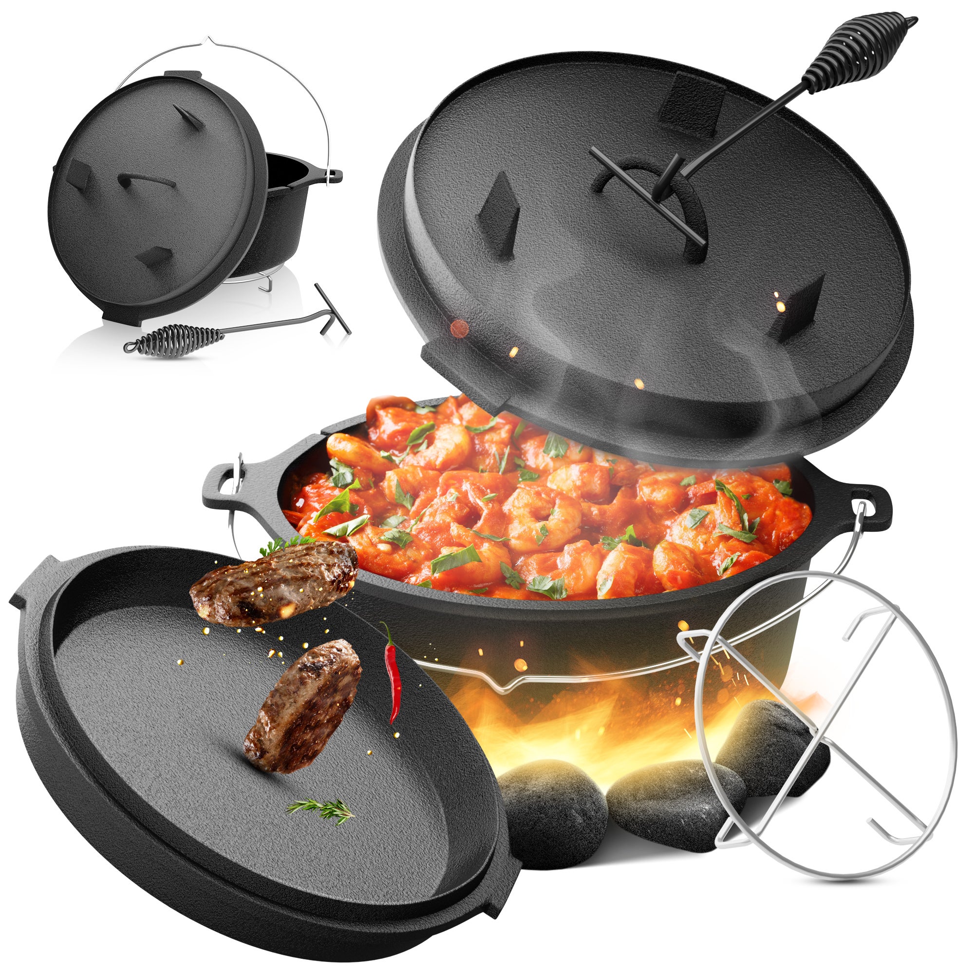 Marmite Dutch Oven 6L En Fonte Wiltec – Pieds, Lève-Couvercle, Polyvalente Camping Barbecue Feu De Camp Cuisson Outdoor