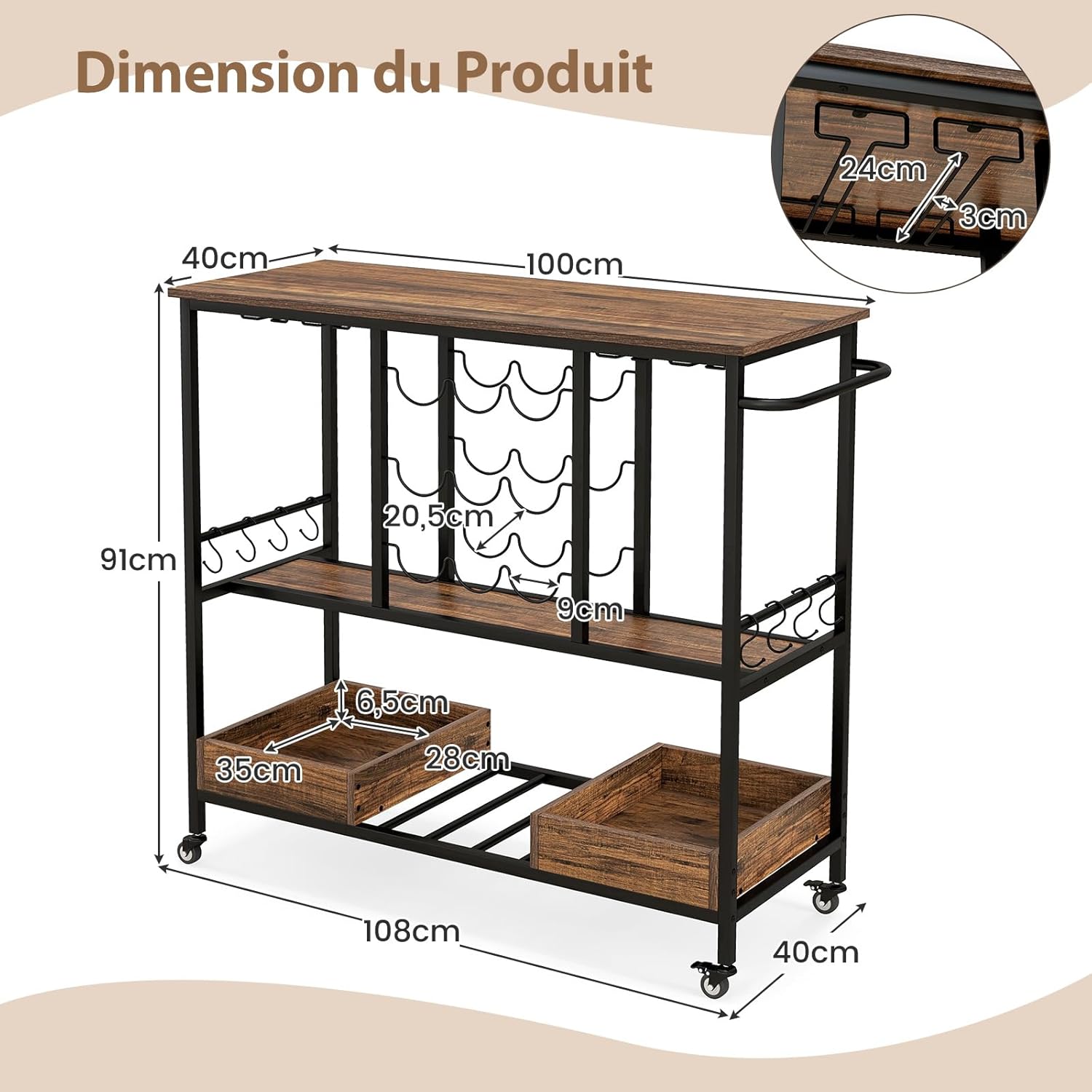 Desserte Chariot De Rangement En Métal Chariot De Service à Roulettes 3 Niveaux Avec 2 Range Couverts 4 Crochets 99054953
